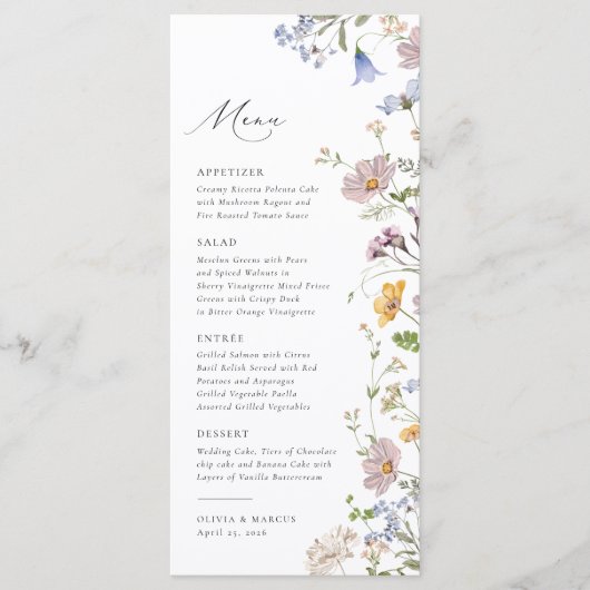 Boho Spring Wildflower Elegante Tuin Bruiloft Menu (Voorkant)