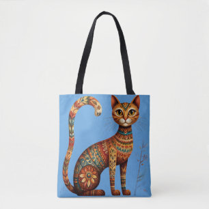 Boho Stam Cat Schattige Volkskunst met Bloemen Draagtas