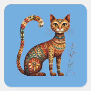 Boho Stam Cat Schattige Volkskunst met Bloemen Vierkante Sticker