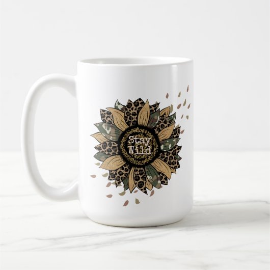 Boho "Stay Wild" Camo Sunflower 15oz Café Mug (Gauche)