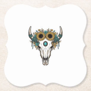 Boho Stier Schedel Zonnebloem Vintage Westerse Gra Kartonnen Onderzetters