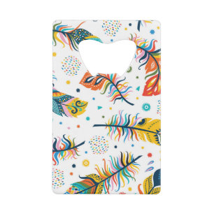 Boho-stijl, naadloos veerpatroon. kredietkaart flessenopener