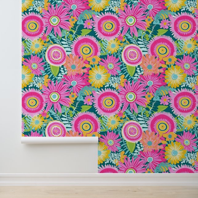 Boho stijl roze bloemen behang (Applicatie)