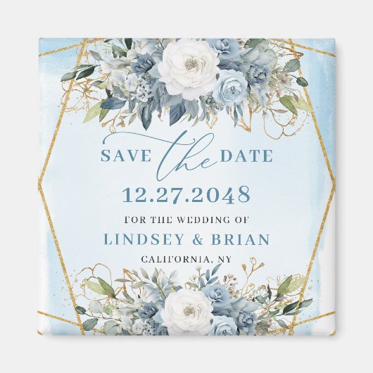 Boho Stof Blauw Witte Pioen Bloem Save the Date Magneet (Voorkant)