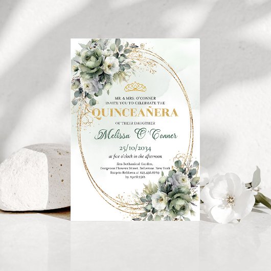 Boho Stof Groen Eucalyptus Quinceañera Uitnodiging