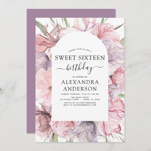 Boho Stof Paars Sweet 16 Verjaardag Bloem Kaart (Voorkant / Achterkant)