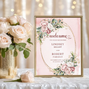 Boho Stof Roze Bloemen Gouden Glitter Welkomstbord Poster