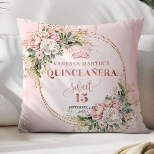Boho Stof Roze Bloemige Groene Sweet 15 Verjaardag Kussen