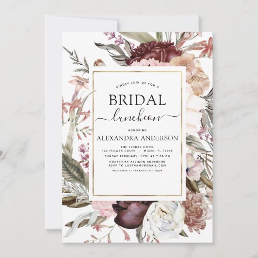 Boho Stof Roze Bordeaux Bruiloft Borrel Lunch Kaart (Voorkant)