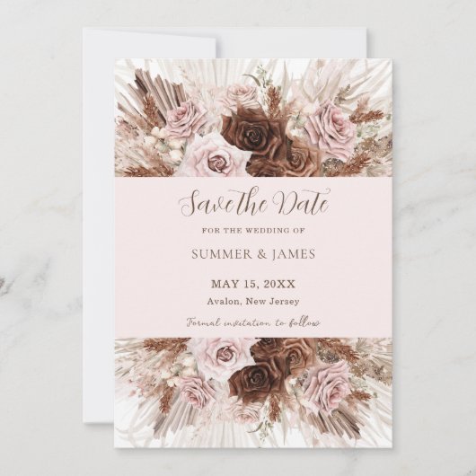 Boho Stof Roze Bruin Bloem Pampas Gras Bruiloft Save The Date (Voorkant)