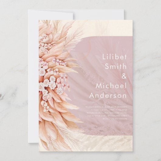 BOHO Stof Roze Koraal PAMPASGRAS Bruiloft Kaart (Voorkant)