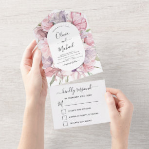 Boho Stof Roze Paarse Trouw RSVP All In One Uitnodiging