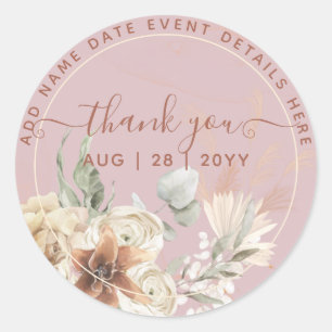 Boho Stof Roze Pampas Gras Bedankkaartje Ronde Sticker