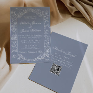 Boho Stofblauw Bloem QR Code Botanische Bruiloft Kaart