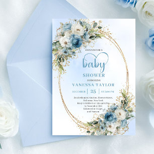 Boho Stofblauw Bloemen Goud Schrift Baby Shower Kaart