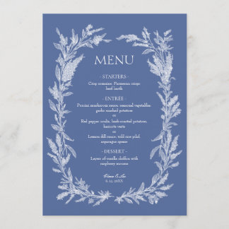 Boho Stofblauw Bloemenkrans Bruiloft Menu