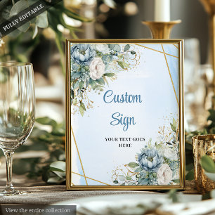 Boho Stofblauw Bloemig Gouden Glitter Welkomstbord Poster