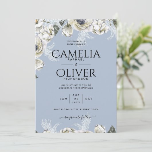 BOHO Stofblauw Pampas Bloem Bruiloft Kaart (Staand voorkant)