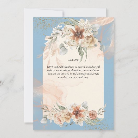 Boho Stofblauw Pampasgras Bruiloft Kaart (Achterkant)