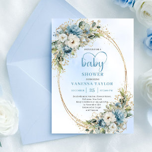 Boho Stofblauwe Eucalyptus Baby Shower Uitnodiging