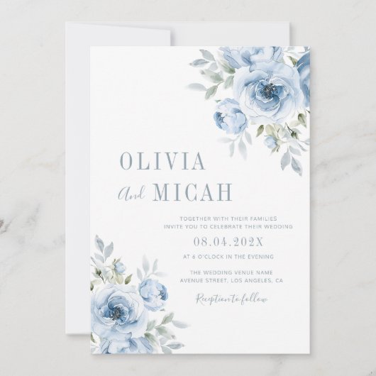 boho stoffige blauwe bloemenbruiloft uitnodiging (Voorkant)