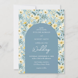 Boho stoffige blauwe en ivoren wilde bloemen boog kaart