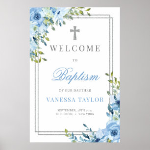 Boho stoffige blauwe en zilveren glitter Dopen Wel Poster