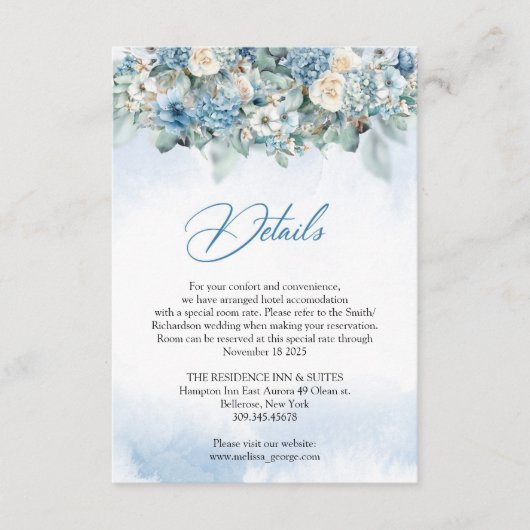Boho stoffige blauwe hortensia en witte rozen deta informatiekaartje (Voorkant)