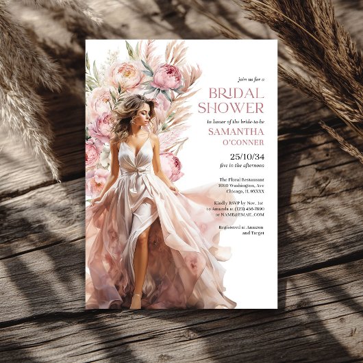 Boho stoffige roze pioenen pampas gras eucalyptus kaart
