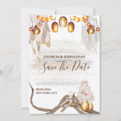 Boho string licht macrame veren taart save the date (Voorkant)