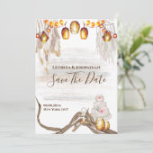 Boho string licht macrame veren taart save the date (Staand voorkant)