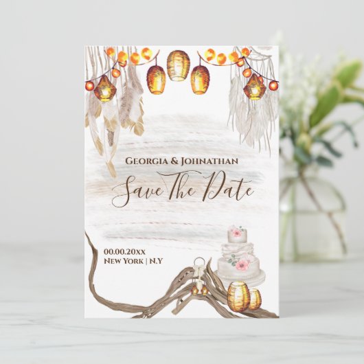 Boho string licht macrame veren taart save the date (Staand voorkant)
