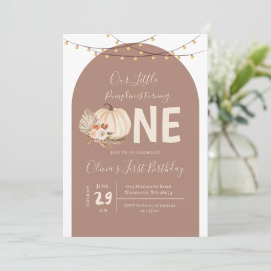 Boho String Light Citrouille Invitation d'annivers (Debout devant)