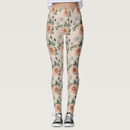 Boho Style Roses In Pastel Orange And Sage Green  Leggings