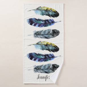 Boho Style Waterverf Feathers Personalizeerd Badhanddoek