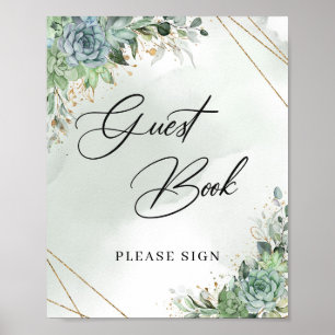 Boho succulent eucalyptus Gold Guest Book Sign Poster