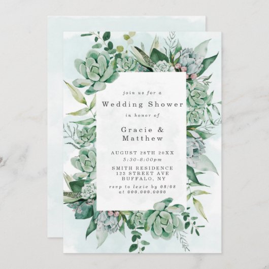 Boho Succulent Greenery Wedding Shower-uitnodiging (Voorkant / Achterkant)