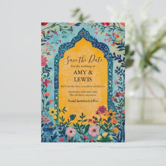 Boho Summer Blue Floral Save the Date Invitation (Debout devant)