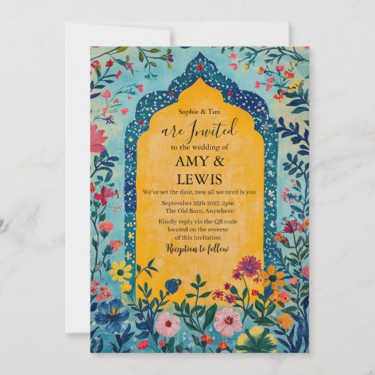 Boho Summer Blue Floral Wedding Invitation (Devant)