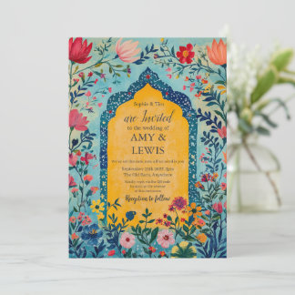 Boho Summer Blue Floral Wedding Invitation Kaart