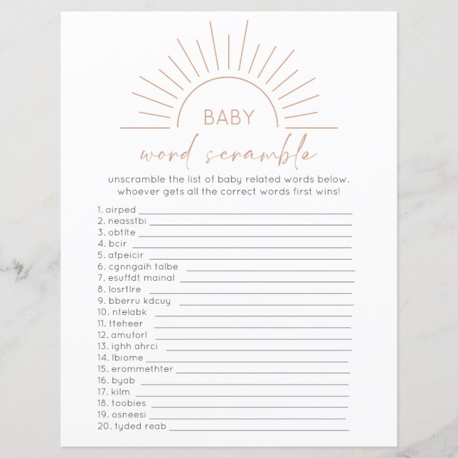 Boho Sun Baby shower Word Scramble (Voorkant)