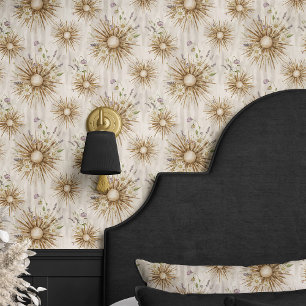 Boho Sunburst en Lavendel Beige Bloemmotief Behang