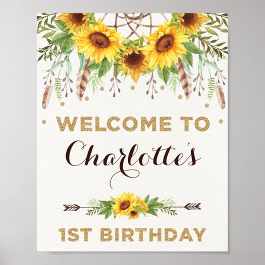 Boho Sunflower 1st Birthday Rustic Summer Welcome Poster (Voorkant)