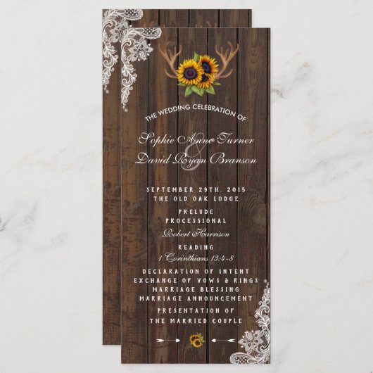 Boho Sunflower Antlers Wood Lace Wedding Program Programma (Voorkant / Achterkant)