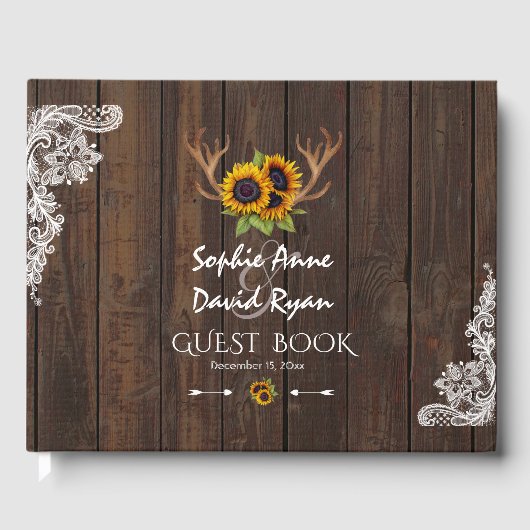 Boho Sunflower Antlers Wood Weddenschap Gastenboek (Voorkant)