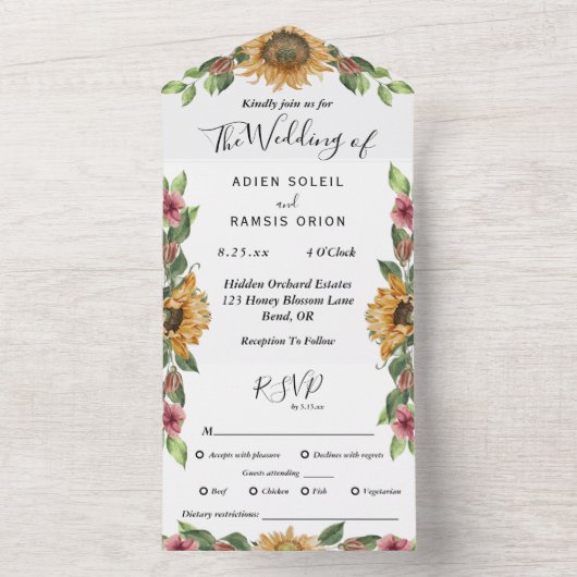 Boho Sunflower Dieetbeperkingen RSVP Wedding All In One Uitnodiging (Binnen)