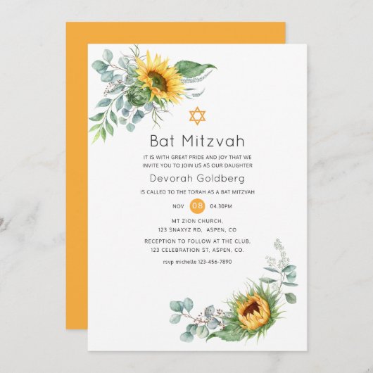 Boho Sunflower Eucalyptus Bat Mitzvah Kaart (Voorkant / Achterkant)
