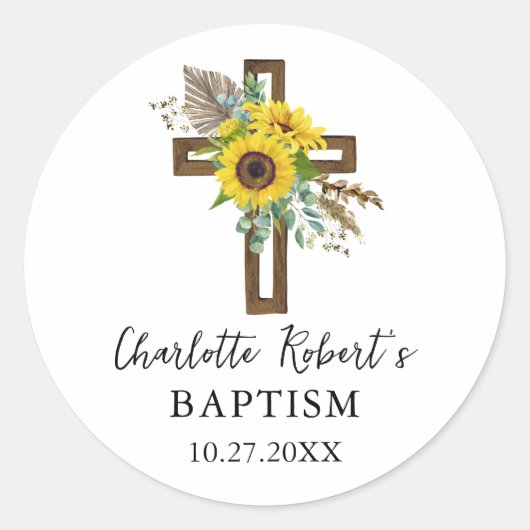 Boho Sunflower & Eucalyptus Rustic Cross Baptism Ronde Sticker (Voorkant)