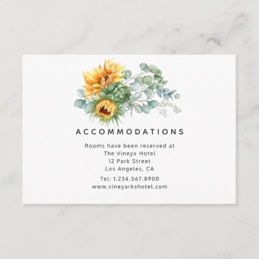 Boho Sunflower Eucalyptus Wedding Accommodations Informatiekaartje (Voorkant)