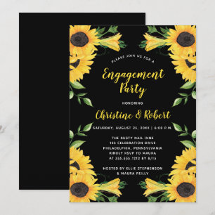 Boho Sunflower Floral Zwarte Engagement Party Kaart